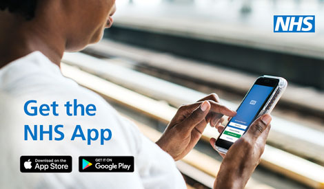 Person on a mobile phone.  Text "Get the NHS app"